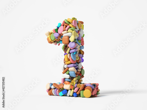 different pills stack in shape of number 1. suitable for medicine, healthcare and science themes. 3D illustration, isolated on white background
