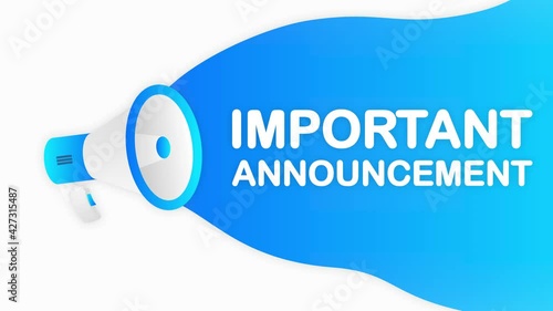 Megaphone IMPORTANT ANNOUNCEMENT countdown template with blue objects on white background. Motion graphic.