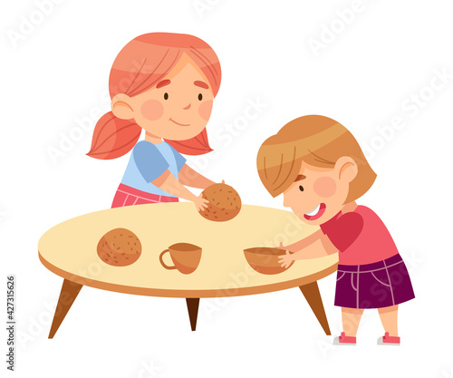 Cute Little Girls in Kindergarden at Table Playing with Pottery Ware Vector Illustration