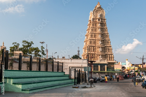 he gopuram tower of the ancient Hindu temple of Chamundeshwara in the Chamundi Hills in the city of Mysore. photo