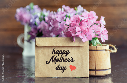  flowers composition and wishing text card happy mother's day. Romantic date, invitation, sweet wish concept