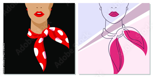 Trendy abstract background. The head of a woman with a red scarf around her neck. Editable mask. Template for your design works. Vector illustration.