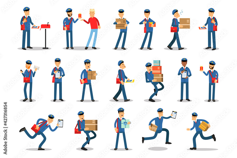 Postman Wearing Uniform Engaged in Daily Routine Vector Illustration Set