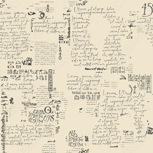 Abstract seamless pattern with fragments of handwritten text Lorem Ipsum and illegible printed text on an old paper backdrop. Creative vector background. Suitable for wallpaper, wrapping paper, fabric