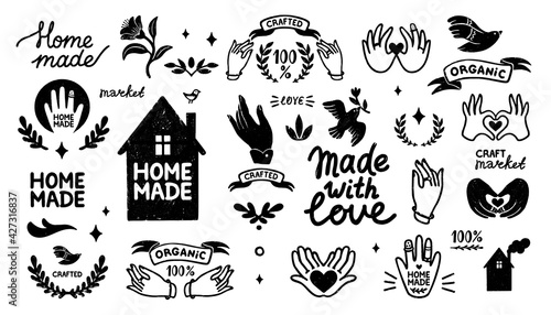 Homemade vector icons set - vintage elements in stamp style and home made lettering with cute house silhouette. Vintage vector illustration for banner and label design.