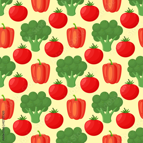 Pattern with hand drawn colorful vegetables. Sketch style set. Vegetables flat icons set: paprika, broccoli, tomato.