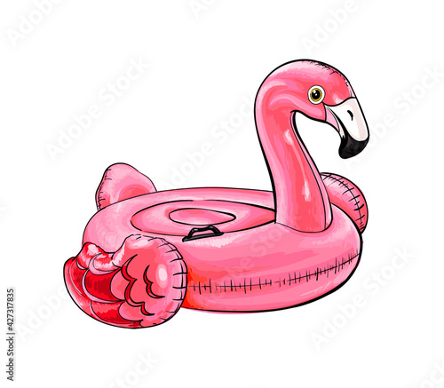 Summer Swimming Pool Inflantable Rubber Pink Flamingo Toy from a splash of watercolor, colored drawing, realistic. Vector illustration of paints