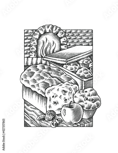 woodcut style illustration of baking bread