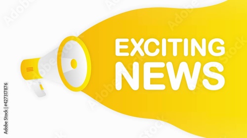 Megaphone EXCITING NEWS countdown template with yellow objects on white background. Motion graphic.