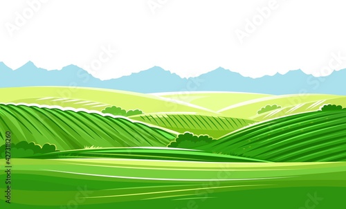 Hills and meadows. Haymaking in pastures. Agricultural land. Green grass. Mountains in the distance. Beautiful rural landscape. Isolated over white background. Vector
