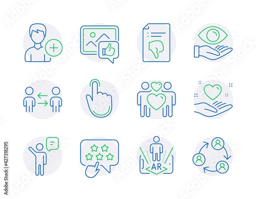 People icons set. Included icon as Like photo, Thumb down, Teamwork business signs. Health eye, Love couple, Hold heart symbols. Add person, Augmented reality, Ranking star. Agent. Vector