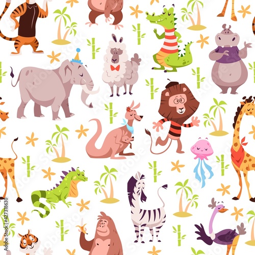 Childish animals seamless pattern. Cute summer wild fauna background  kids jungle wildlife cartoon safari zoo tropical nursery decoration. Decor textile wrapping paper wallpaper vector print