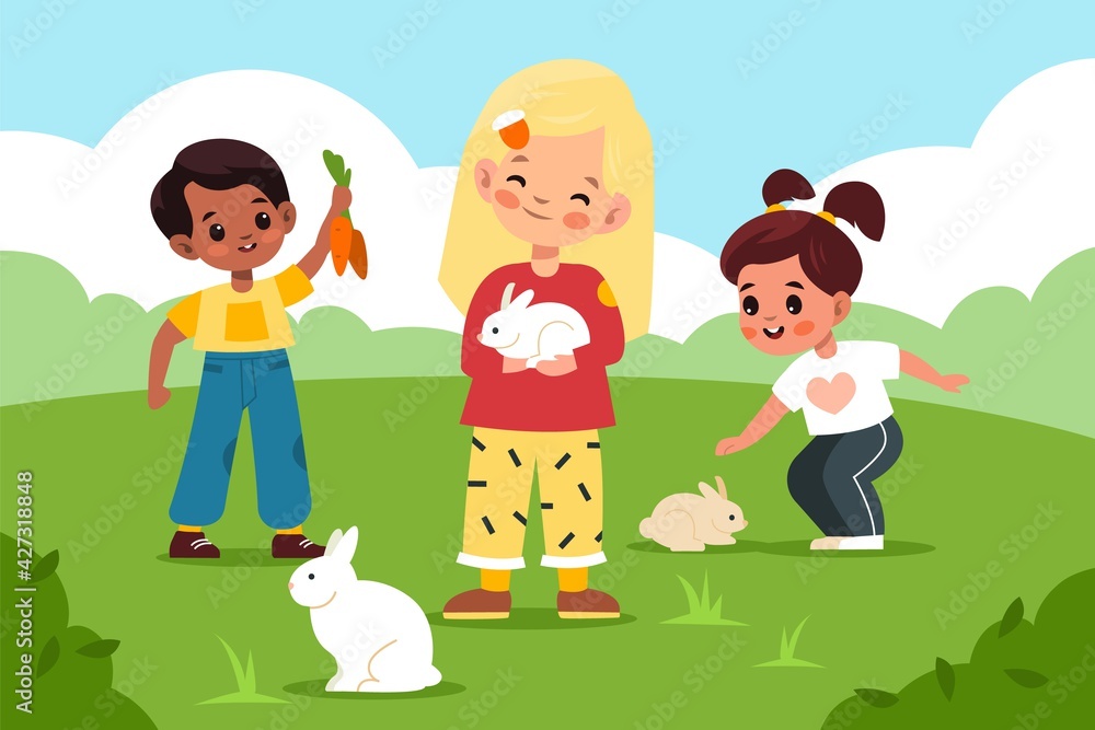 Petting zoo. Children take care rabbits in green clearing, kids play and contact small animals outdoor, boys and girls feed hares with carrots, summer landscape. Vector cartoon concept Petting zoo. Children take care rabbits in green clearing, kids play and contact small animals outdoor, boys and girls feed hares with carrots, summer landscape. Vector cartoon concept