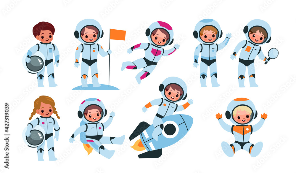 Kids astronauts. Happy little children in cosmic suits, space explorers with flags, helmets, and rocket. Girls and boys cosmonauts, cute child in zero gravity. Vector cartoon isolated set Kids astronauts. Happy little children in cosmic suits, space explorers with flags, helmets, and rocket. Girls and boys cosmonauts, cute child in zero gravity. Vector cartoon isolated set