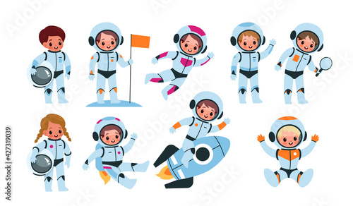 Kids astronauts. Happy little children in cosmic suits, space explorers with flags, helmets, and rocket. Girls and boys cosmonauts, cute child in zero gravity. Vector cartoon isolated set