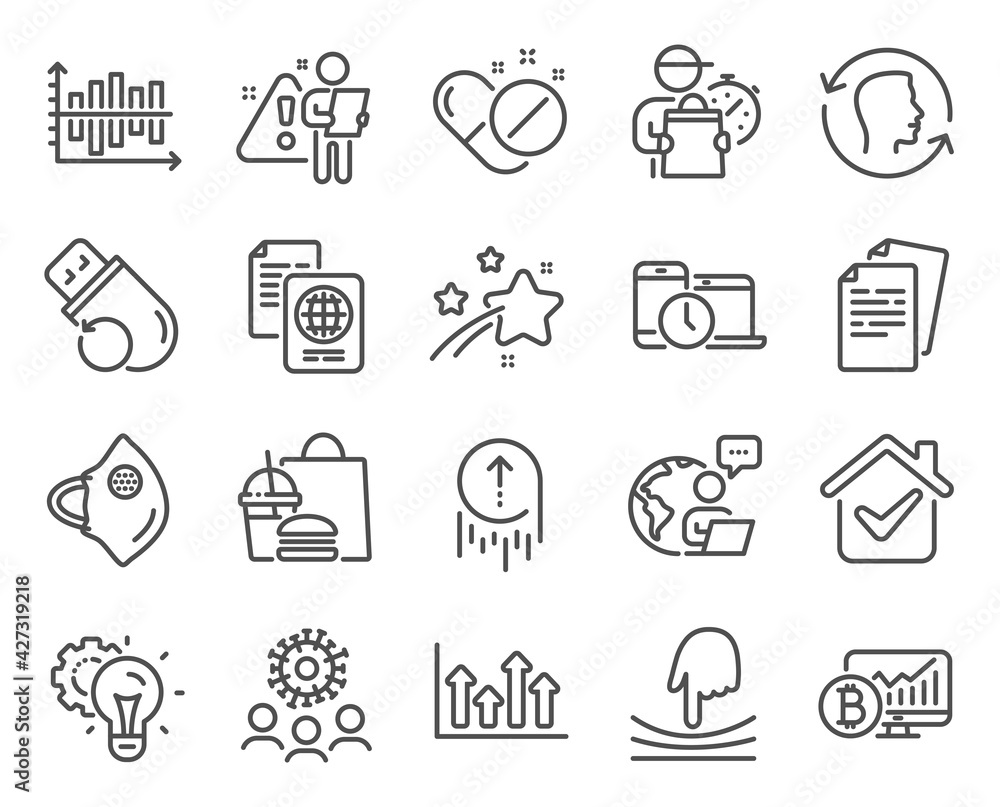 Science icons set. Included icon as Diagram chart, Documents, Face id signs. Medical pills, Bitcoin chart, Time management symbols. Swipe up, Coronavirus, Medical mask. Elastic, Idea gear. Vector