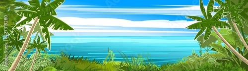 Tropical landscape with sea and jungle. Plants, shrubs and palms. Sky. Cartoon flat style. Mountains on the horizon. Background illustration. Vector