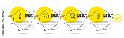 Time management, Friend and Beer bottle line icons set. Timeline infograph speech bubbles. Water glass sign. Time analysis, Love, Brewery. Soda drink. Business set. Vector