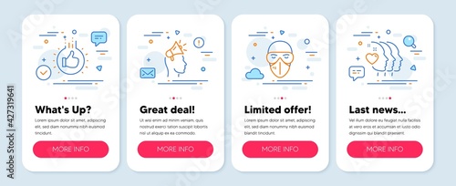 Set of People icons, such as Medical mask, Brand ambassador, Like hand symbols. Mobile screen banners. Friends couple line icons. Protection glasses, Megaphone, Thumbs up. Friendship. Vector