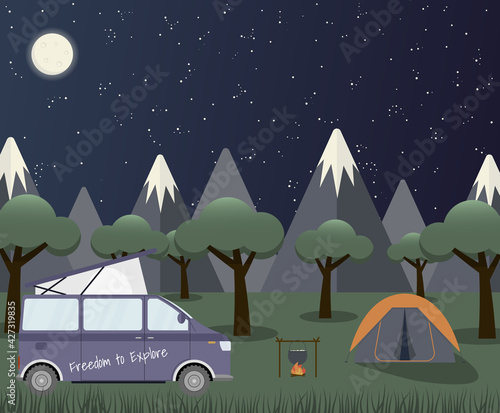 Caravan in a forest at night. Local summer vacation.