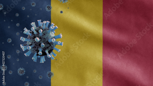 3D, Flu coronavirus floating over Chadian flag. Chad and pandemic Covid 19 photo