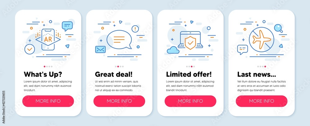 Set of line icons, such as Augmented reality, Chat, Laptop insurance symbols. Mobile app mockup banners. Flight mode line icons. Phone simulation, Speech bubble, Full coverage. Airplane mode. Vector