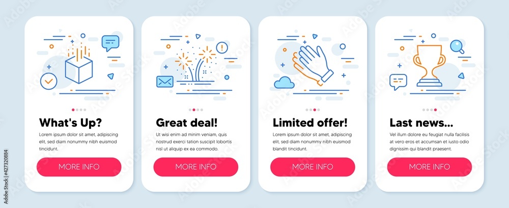 Set of Business icons, such as Fireworks, Augmented reality, Clapping hands symbols. Mobile screen banners. Award cup line icons. Pyrotechnic salute, Virtual reality, Clap. Trophy. Vector