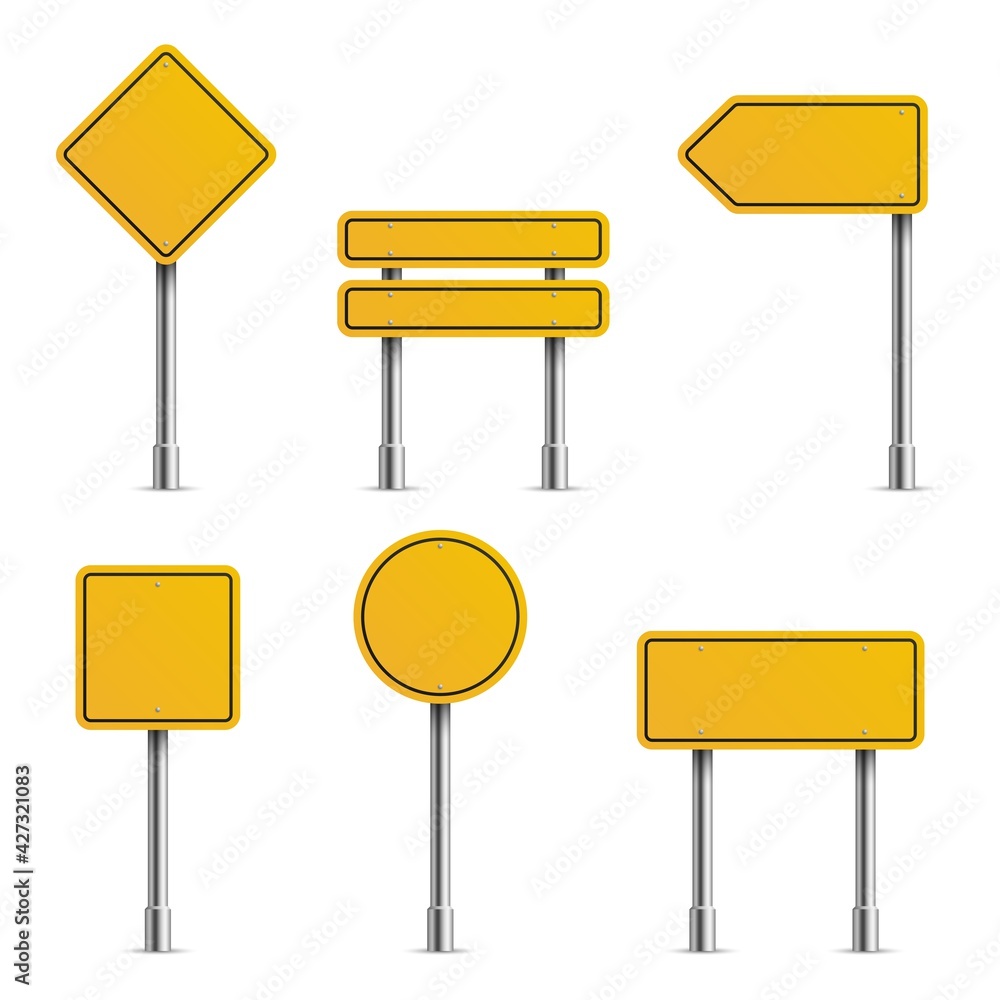 Yellow road signs. Empty traffic highway speed street metal sign collection, stop safety boards, blank hazard forbidden and warning symbols, diamond street. Vector isolated set Yellow road signs. Empty traffic highway speed street metal sign collection, stop safety boards, blank hazard forbidden and warning symbols, diamond street. Vector isolated set