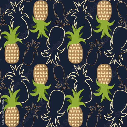 Dark blue pineapple seamless pattern. Exotic fruits background with repeat motif