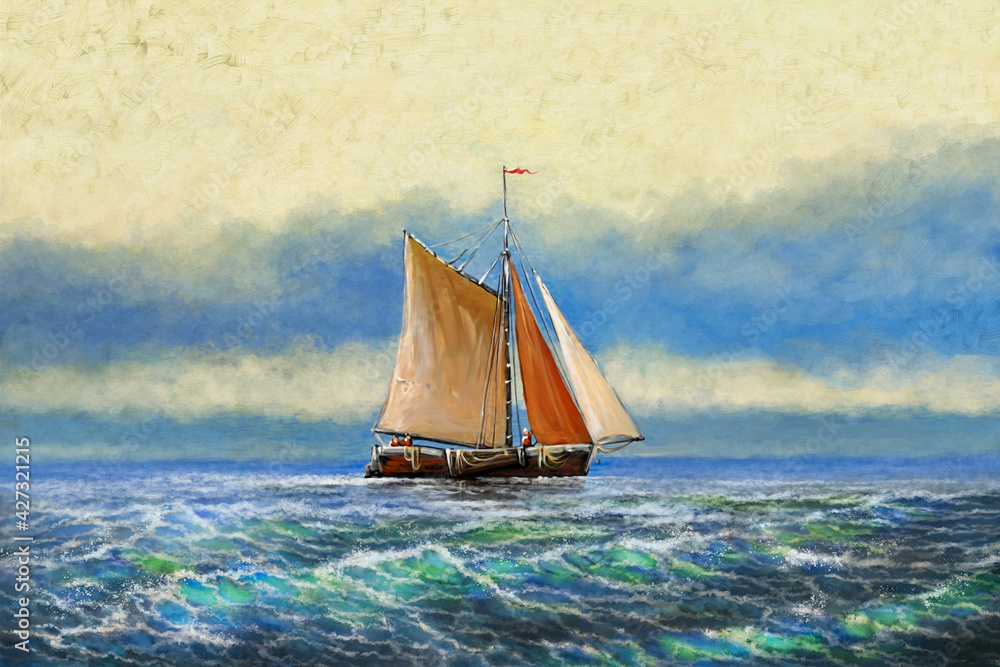 Oil paintings sea landscape, fine art, sailing ship in the sea
