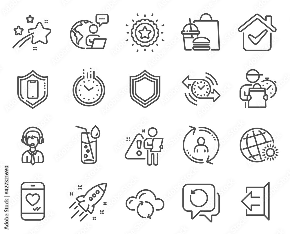 Business icons set. Included icon as Sign out, Smartphone protection, Timer signs. Shipping support, Cloud sync, Startup rocket symbols. Winner star, Recovery data, Water glass. Love chat. Vector Business icons set. Included icon as Sign out, Smartphone protection, Timer signs. Shipping support, Cloud sync, Startup rocket symbols. Winner star, Recovery data, Water glass. Love chat. Vector
