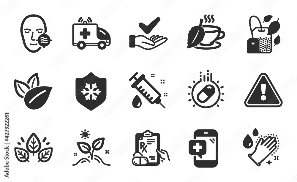 Medical syringe, Problem skin and Capsule pill icons simple set. Organic product, Grow plant and Clean skin signs. Organic tested, Prescription drugs and Washing hands symbols. Flat icons set. Vector
