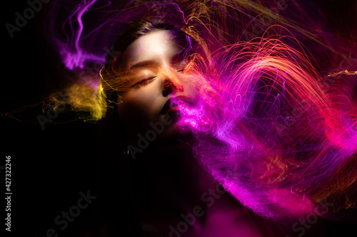 lightpainting portrait, new art direction, long exposure photo without photoshop, light drawing at long exposure
