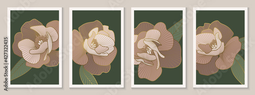 Decorative abstract golden Peonies wall art decor. Luxury gold floral line art posters set. Design for social media post, packaging, cover, banner, card, print. Vector illustration