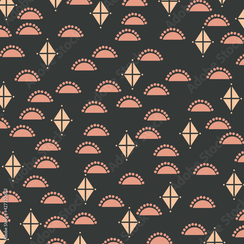 Geometric pattern with gray, yellow and pink. Form a rhombus, a triangle and a semicircles. Used for fabric, textile, for wallpaper, web, page. 