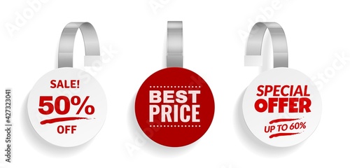 Wobblers for discount . Sale red color sign for advertising, design of strips hanging round wobbler template, store price labels. Blank paper stickers vector realistic isolated set
