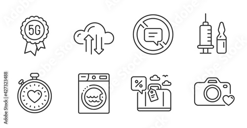 Laundry, Cloud sync and Photo camera line icons set. Travel loan, Heartbeat timer and Stop talking signs. 5g technology, Medical vaccination symbols. Quality line icons. Laundry badge. Vector