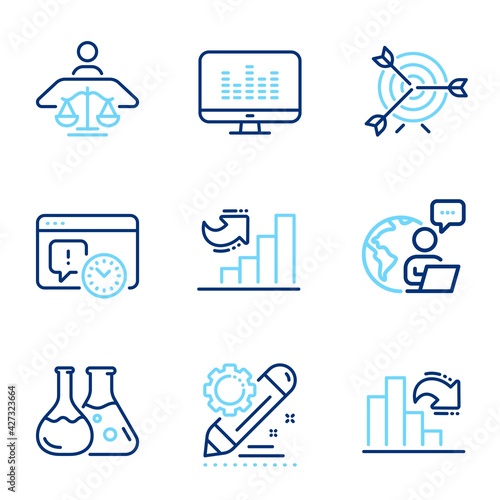 Education icons set. Included icon as Music making, Target, Project edit signs. Decreasing graph, Growth chart, Court judge symbols. Chemistry lab, Project deadline line icons. Line icons set. Vector
