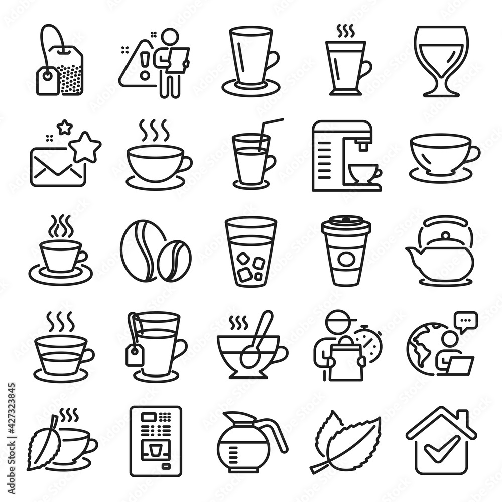 Coffee and Tea line icons. Set of Cappuccino, Juice with ice and Latte coffee cup icons. Teapot, Coffeepot and Hot drink with Steam. Mint leaf tea, Herbal beverage and Vending. Hot latte cup. Vector