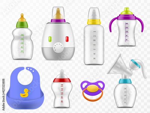 Baby food accessories. Realistic milk bottles, rubber pacifier, heater and manual breast pump, children nutrition devices, childcare objects lactation vector isolated newborn elements set