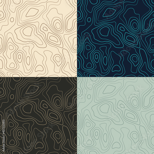 Topography patterns. Seamless elevation map tiles. Appealing isoline background. Awesome tileable patterns. Vector illustration.