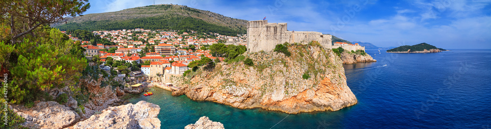 View of the Fort Lovrijenac or St. Lawrence Fortress and the Old Town of Dubrovnik on the Adriatic coast of Croatia, banner, panorama