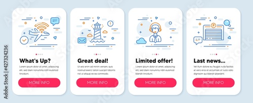 Set of Transportation icons, such as Airplane wifi, Lighthouse, Shipping support symbols. Mobile app mockup banners. Parking garage line icons. Wi-fi internet, Beacon tower, Delivery manager. Vector