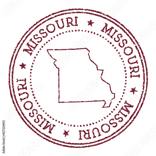 Missouri round rubber stamp with US state map. Vintage red passport stamp with circular text and stars, vector illustration.