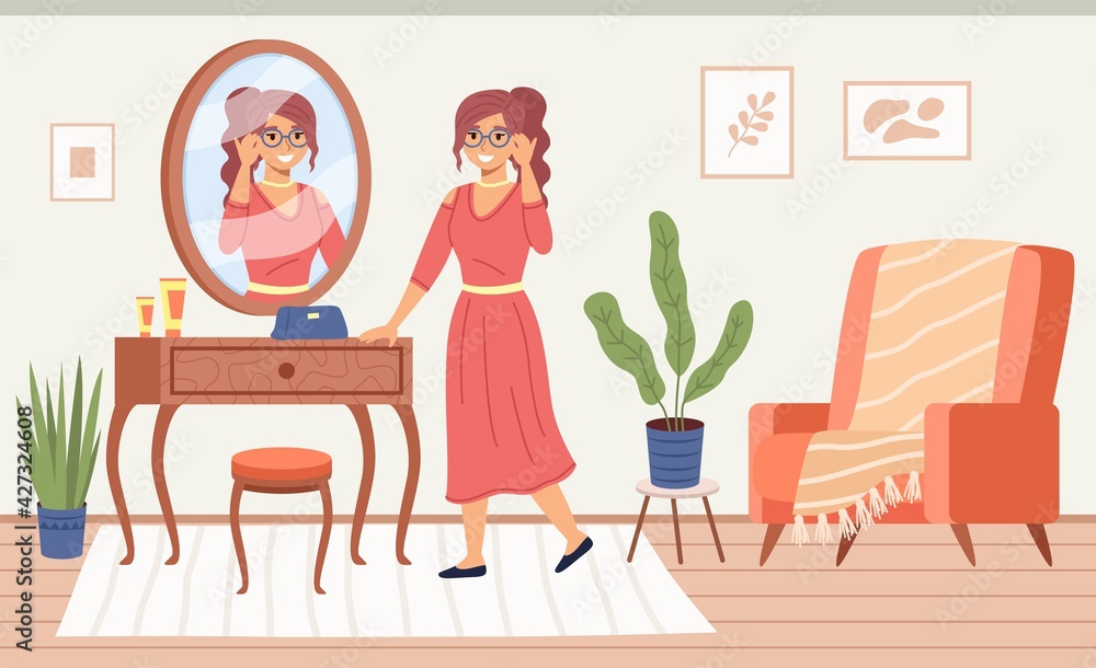 Lady in mirror. Pretty woman specular reflect in room interior, dressing table with cosmetics, try fashion clothes and do make up, cozy comfortable environment. Vector cartoon concept