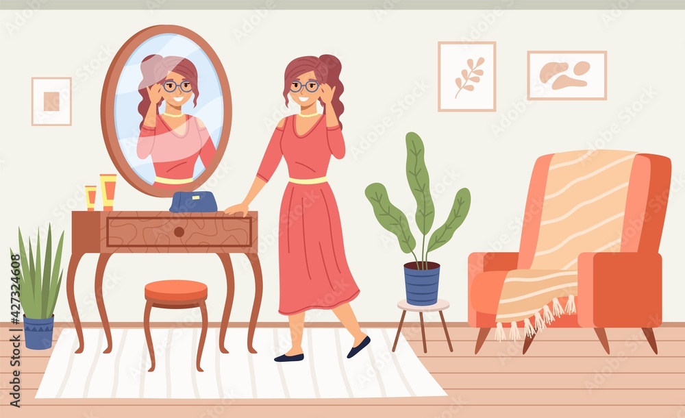 Lady in mirror. Pretty woman specular reflect in room interior, dressing table with cosmetics, try fashion clothes and do make up, cozy comfortable environment. Vector cartoon concept Lady in mirror. Pretty woman specular reflect in room interior, dressing table with cosmetics, try fashion clothes and do make up, cozy comfortable environment. Vector cartoon concept
