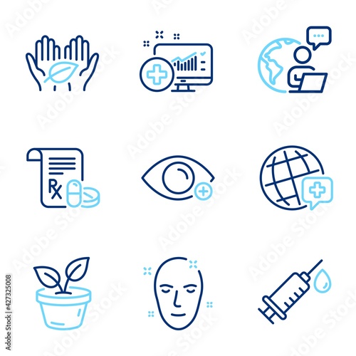 Healthcare icons set. Included icon as Farsightedness, Medical analytics, Medical syringe signs. Fair trade, World medicine, Leaves symbols. Health skin line icons. Line icons set. Vector