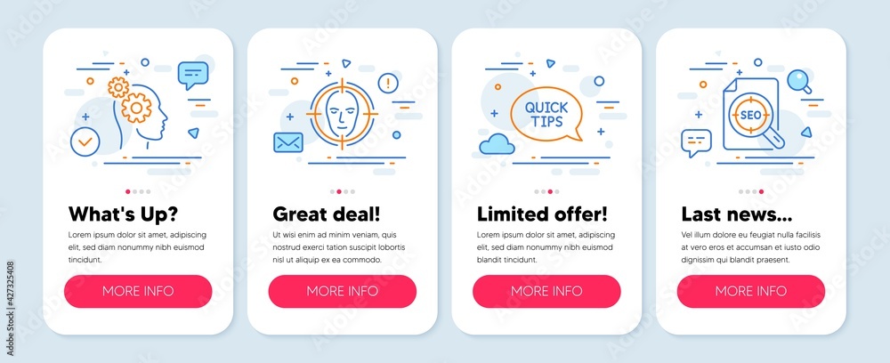 Set of Technology icons, such as Face detect, Thoughts, Quickstart guide symbols. Mobile app mockup banners. Seo file line icons. Select target, Business work, Helpful tricks. Search document. Vector