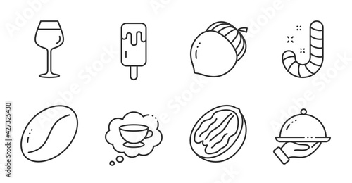 Bordeaux glass, Coffee beans and Acorn line icons set. Pecan nut, Coffee cup and Candy signs. Ice cream, Restaurant food symbols. Wine glass, Vegetarian seed, Oaknut. Food and drink set. Vector