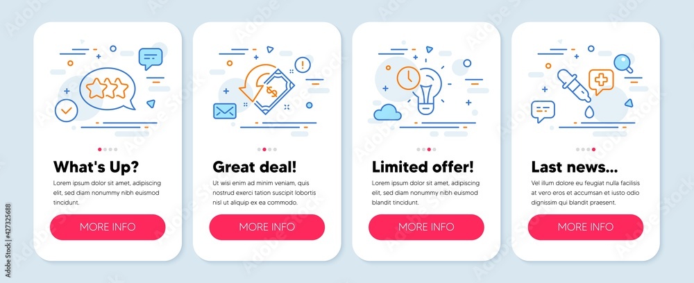 Set of Technology icons, such as Time management, Cashback, Stars symbols. Mobile screen banners. Chemistry pipette line icons. Idea lightbulb, Receive money, Customer feedback. Laboratory. Vector Set of Technology icons, such as Time management, Cashback, Stars symbols. Mobile screen banners. Chemistry pipette line icons. Idea lightbulb, Receive money, Customer feedback. Laboratory. Vector
